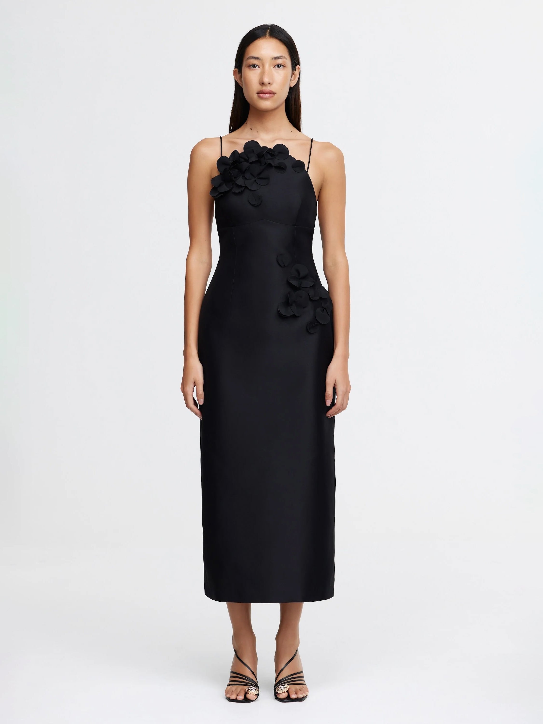 Midi Kleid in schwarz mit 3D Blumen - Tempel Hamburg
