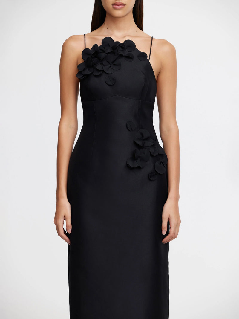Midi Kleid in schwarz mit 3D Blumen - Tempel Hamburg